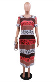 Brown Fashion Casual Print Slit O Neck Short Sleeve Dress