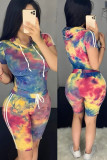 Green and yellow Polyester Fashion Street Tie Dye Two Piece Suits pencil Short Sleeve Two Pieces
