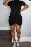 Pink Fashion Casual Solid Asymmetrical Half A Turtleneck Short Sleeve Dress