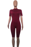 Burgundy Sexy Solid Patchwork Zipper Collar Skinny Rompers