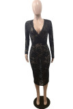 Black Polyester Sexy Europe and America Long Sleeves V Neck Princess Dress Mid-Calf lace Dresses
