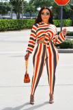 Orange adult Sexy Fashion Bandage Print Two Piece Suits Striped pencil Long Sleeve