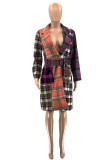 Orange Work Daily Plaid Patchwork With Belt Turn-back Collar Outerwear