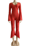 Red Fashion Light Asymmetrical Solid Long Sleeve V Neck Jumpsuits
