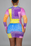 Multicolor Fashion Sexy Print Basic Zipper Collar Long Sleeve Dresses
