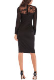 Black Fashion Long Sleeves O neck Slim Dress Knee-Length Patchwork Long Sleeve Dresses