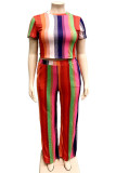 Red Sexy O Neck Print Striped Two Piece Suits Stripe