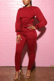 Wine Red Fashion Casual Solid Basic O Neck Long Sleeve Two Pieces