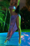 Purple Sexy Solid Hollowed Out Backless Slit Strap Design Strapless Sleeveless Two Pieces
