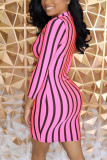 Pink Sexy Striped Split Joint Mandarin Collar Wrapped Skirt Dresses