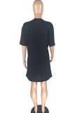 Black Polyester Fashion Casual adult Ma'am O Neck Print Plus Size