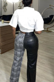 Grey Fashion Casual Plaid Print Mid WaistPatchwork Trousers