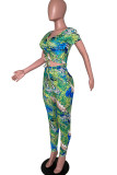 Blue Fashion Sexy Print Short Sleeve V Neck Jumpsuits