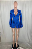 Blue Fashion Casual Print Basic V Neck Regular Long Sleeve Romper