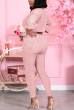 Pink Casual Solid Fold Turndown Collar Long Sleeve Two Pieces
