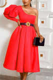 Red Fashion Casual Solid Without Belt Oblique Collar Dresses