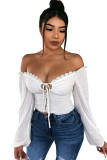 White V Neck Long Sleeve Patchwork crop top Solid