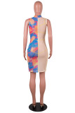 Pink Fashion Sexy Print Patchwork See-through Zipper Collar Sleeveless Dress