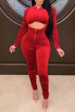 Red Casual Solid Patchwork Hooded Collar Long Sleeve Two Pieces