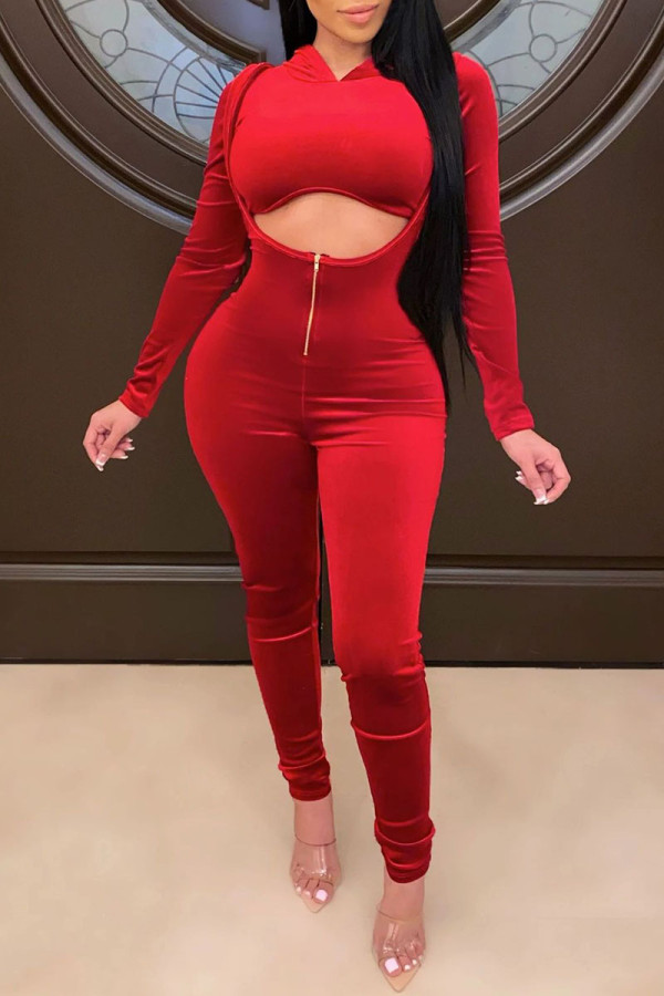 Red Casual Solid Patchwork Hooded Collar Long Sleeve Two Pieces