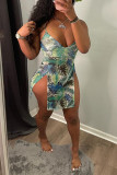 Yellow Fashion Sexy Print Backless Slit Spaghetti Strap Sleeveless Dress