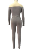 Grey Fashion Sexy Adult Polyester Solid Split Joint Bateau Neck Long Sleeve Regular Sleeve Short Two Pieces