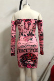 Pink Sexy Print Bateau Neck Pencil Skirt Dresses