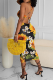 Black Sexy Print Frenulum Halter Pencil Skirt Dresses