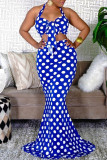 Blue Fashion Sexy Dot Print Backless Halter Sleeveless Two Pieces