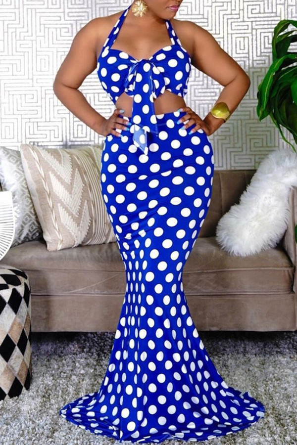 Blue Fashion Sexy Dot Print Backless Halter Sleeveless Two Pieces