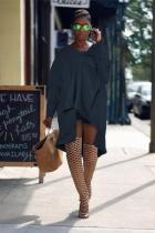Blue and gray Polyester Fashion Casual Cap Sleeve Long Sleeves Asymmetrical Collar Asymmetrical Mini Solid Draped