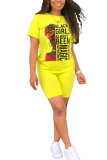 Yellow Polyester Fashion adult Street Letter Patchwork Print Two Piece Suits Straight Short Sleeve Two Pieces