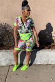 Green Sexy Fashion Casual Fluorescent Print Patchwork pencil Two-Piece Short Set