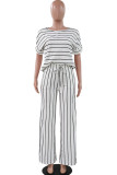 Black Fashion Casual adult Ma'am Striped Print Two Piece Suits Loose Short Sleeve Two Pieces