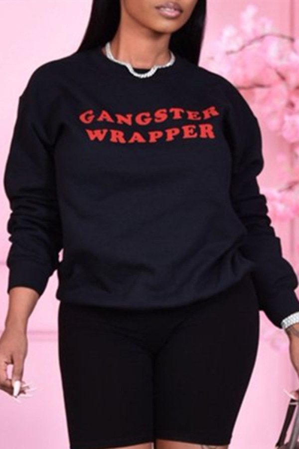 Black Fashion Casual Letter Print Basic O Neck Tops