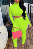 Fluorescent green Fashion Sexy Adult Polyester Solid Split Joint Turtleneck Long Sleeve Cap Sleeve Short Two Pieces