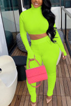 Fluorescent green Fashion Sexy Adult Polyester Solid Split Joint Turtleneck Long Sleeve Cap Sleeve Short Two Pieces