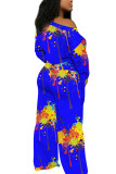 Royal blue Fashion Sexy Adult Print Patchwork Oblique Collar Long Sleeve One Shoulder Regular Two Pieces