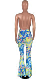 Blue Casual Print Mid Waist Speaker Bottoms
