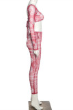 Red Fashion Sexy Print Strap Design Square Collar Long Sleeve Two Pieces
