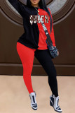 Black Red Casual Print Patchwork O Neck Long Sleeve Two Pieces
