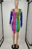 Deep Blue Fashion Sexy Patchwork Hollowed Out Strap Design Asymmetrical O Neck Long Sleeve Dress