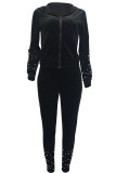 Black Polyester Casual Beading Solid Two Piece Suits Patchwork pencil Long Sleeve