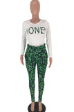 Green Polyester Casual Letter Two Piece Suits Print pencil Long Sleeve Two-piece Pants Set