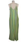Green Polyester Sexy Fashion Tank Sleeveless Slip A-Line Floor-Length Print asymmetrical Striped Patchwork