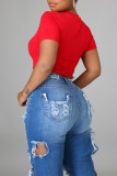 Red Sexy Casual Solid Ripped Hollowed Out O Neck T-Shirts