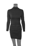 Black Sexy Solid Split Joint Turtleneck Wrapped Skirt Dresses