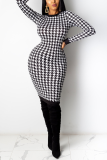 Black White Casual Plaid Patchwork O Neck Wrapped Skirt Dresses