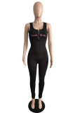 Black Sexy Casual Embroidery Backless O Neck Skinny Jumpsuits