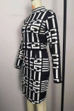 Black Work Daily Print Patchwork O Neck Long Sleeve Two Pieces